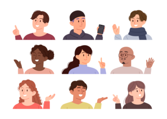 Upper body profiles of people of different races and genders. People wave hand or point at something. Set of positive people.