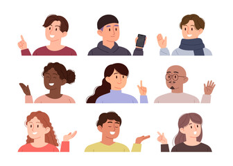 Upper body profiles of people of different races and genders. People wave hand or point at something. Set of positive people.