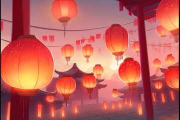 Obraz premium Chinese lanterns hanging from the ceiling of a Chinese temple with glowing lights at night. Bamboo and rice paper lantern Festival for Chinese New Year of the water Rabbit. Festive holiday background.