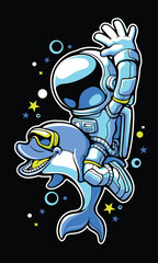 Astronaut and dolphin Vector  Illustration. Science Technology Icon Concept Isolated Premium Vector. Flat Cartoon Style