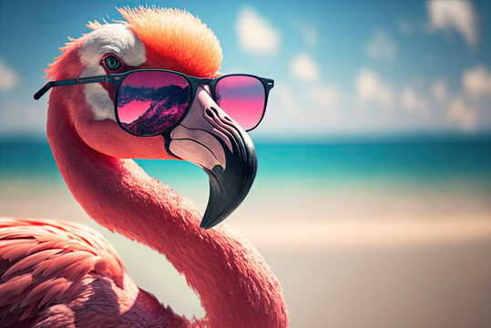 Funny flamingo in sunglasses on summer sea beach background. Summer vacation concept. Generative ai