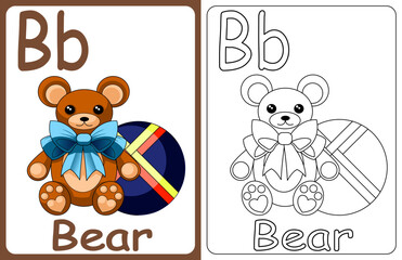 Kids ABC cards. Letter study set, english alphabet with food, animals and fairy tale characters cartoon.coloring book. Letter Bb