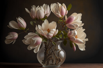 Bouquet of magnolia flowers in a glass vase. Generative AI - 567032310