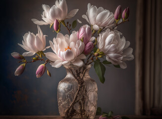 Bouquet of magnolia flowers in a glass vase. Generative AI - 567032339
