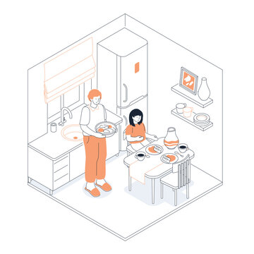 Family lunch in the kitchen - modern line design style isometric illustration