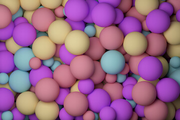 wallpaper with colored balls. Purple, yellow, brown and turquoise blue. 3d render.