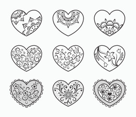 Decorative hearts collection. Mandala, floral, lace pattern. 