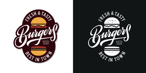 Burger logo template. Hand drawn burgers calligraphy. Street food typography emblem, label, sticker. Burger advertising poster. Vector vintage illustration.