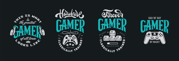 Video games related t-shirt design set. Hand drawn joystick gamepad controller. Gamer quote text phrase quotation. Vector vintage illustration. © chelovector