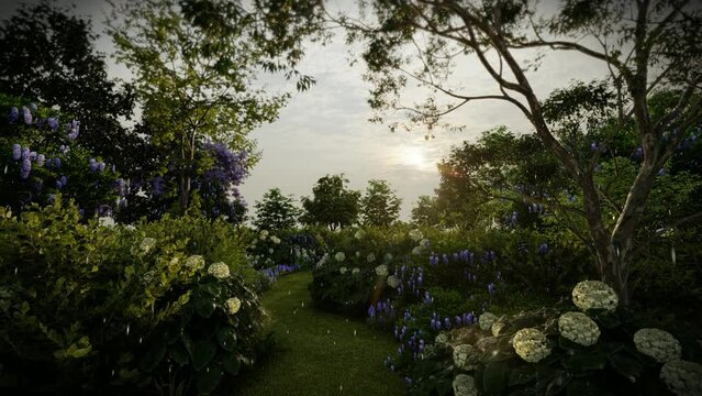 Artist 3d render hydrangea and
buddleia rainy garden, background for meditaion music
