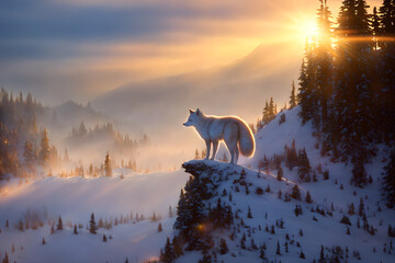 Arctic fox on a large frozen cliff at snowy landscape in rays of sunset, AI generated