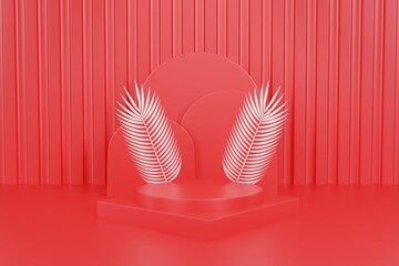 Product display podium with nature leaves on red background. 3D rendering