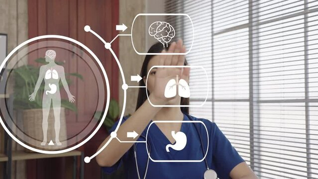 Woman doctor or nurse is looking and analyzing at brain system, lung system, and stomach system of patients through virtual images. Futuristic Medical, Augmented Reality or Virtual Reality.
