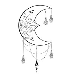 Vector sign moon with flower and tassels. Black and white vector illustration.