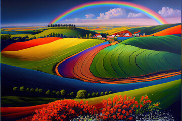 Landscape with rainbow over the lake acryllic painting