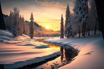 Winter landscape by sunset. River, snow, setting sun, trees, pines, mountains and sky with clouds