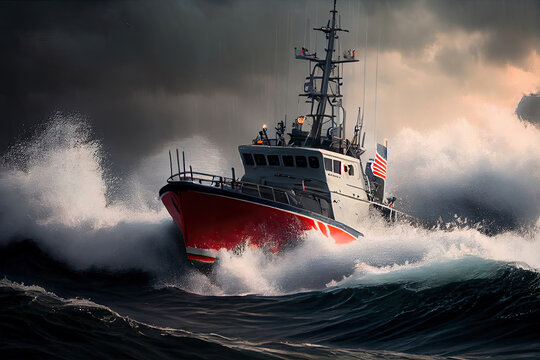 coast guard boat smashing through rough waters to get to a burning boat