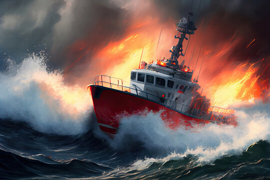 coast guard boat smashing through rough waters to get to a burning boat