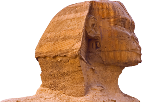 Sphinx against the backdrop of the great Egyptian pyramids. Africa, Giza Plateau.