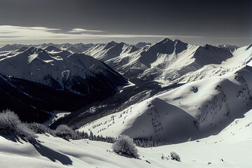 Haute Pyrenees panorama from Saint Lary Soulan via Neouvielle massif in winter