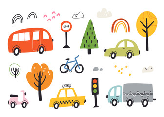 Set of different cute transport in flat style. Colorful cartoon simple vector illustrations in scandivaian style for kid's rooms, children's clothes, posters, invitation, cards, games.