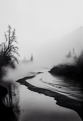 minimal monochrome photograph of fog and water flowing