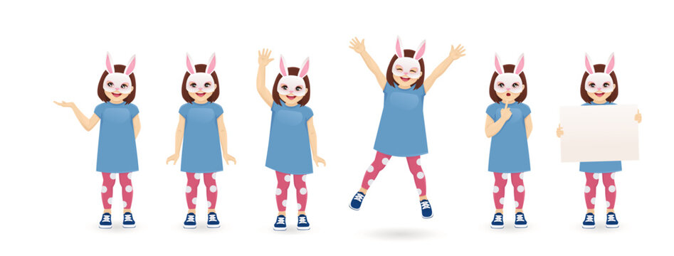 Fun little girl in bunny face mask different poses collection. Easter isolated vector illustration