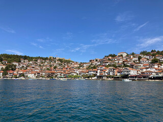 Ohrid old town on mountain view from lake