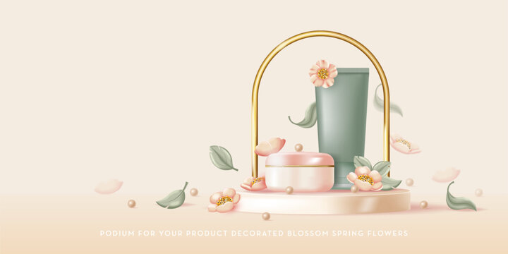 Podium with cosmetics, decorated blossom spring flowers in pastel colors. 3d Realistic Vector illustration