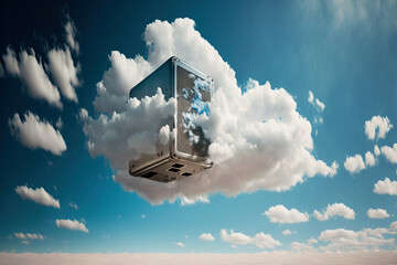 A server floating in a cloudy sky. Cloud computing concept. Generative AI