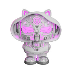 Cyber cat in white armor on a pink background. Avatar. 3d rendering