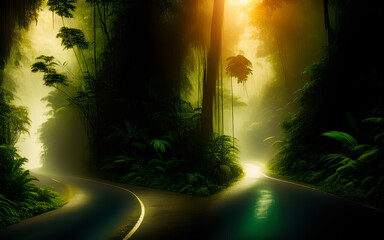 Dark jungle with footpath illuminated by magic light.Generative Al Illustration.