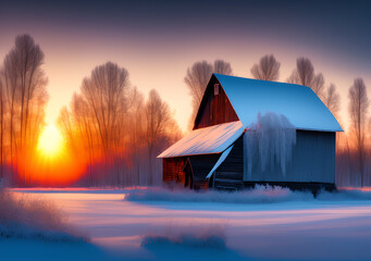 Old barn on the farm in the winter scenery at sunrise.  Generative Al Illustration.