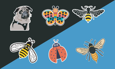 Insect Sticker Collection; Lovely Sticker Vector Set