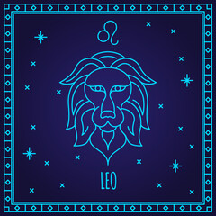 Leo horoscope sign. Lion constellations vector illustration. Linear zodiac symbol.