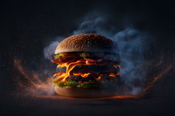 Generative AI illustration of conceptual art delicious hamburger with melting cheese and details of smoke behind, hamburger - obrazy, fototapety, plakaty