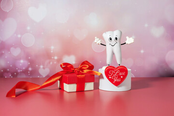 cartoon model of a tooth and a heart on a white podium and a gift box on an abstract background with hearts