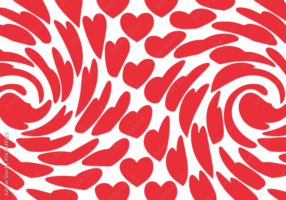 Poster Vector Seamless Pattern with Red Dynamic Hearts. Abstract Psychedelic Texture. Creative Love Background for Valentine's Day, Wedding, Packaging Design and Advertisement
