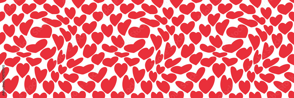 Poster Groovy Pattern with Red Hearts on White Background in Retro Style. Hippie Psychedelic Seamless Pattern for Valentine's Day. Abstract Vector Trippy Art Print. Funky Texture in 60s 70s Cartoon Style