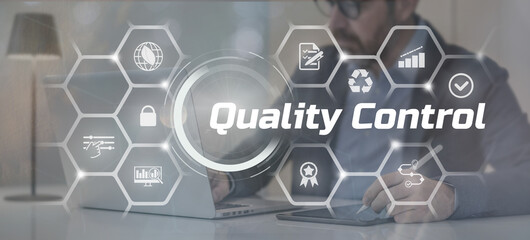 Businessman testing quality standards control assurance. Business technology, certification concept.