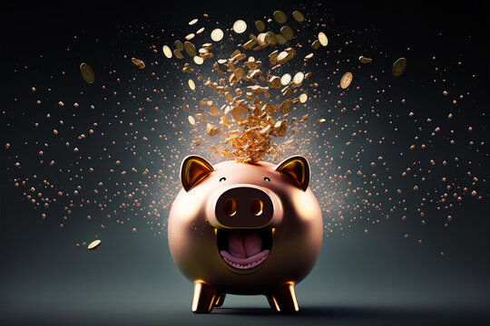 porco cofre dourado do dinheiro feliz explodindo em riquezas e alegria 