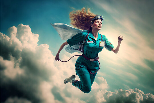 enfermeira heroina em pose de her&oacute;is sobre as nuvens 