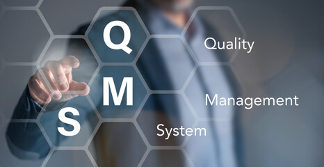 Quality management system concept. Businessman touching virtual interface. Assurance warranty.