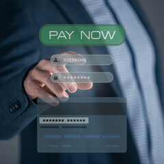 Man using application on virtual screen, shopping, payment online. New tech banking service concept