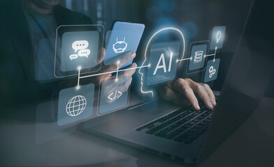 Man using virtual screen on laptop. Artificial intelligence new application, AI futuristic concept.