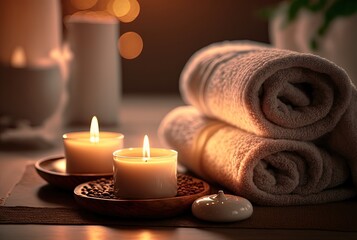 Obraz na płótnie Canvas illustration of spa skin care product set decoration, towel candle, oil bottle, generative ai