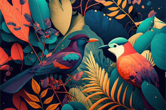 quadro representativo fauna e flora passaros e plantas 