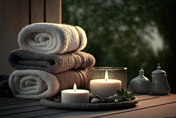 Obraz na płótnie Canvas illustration of spa skin care product set decoration, towel candle, oil bottle, Generative Ai