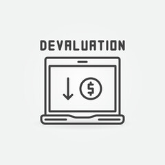 Laptop with Dollar Coin and Arrow vector Devaluation line icon