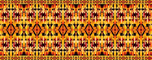 Geometric African pattern. Colored and seamless image. Golden yellow, orange, red and black colors. Illustration